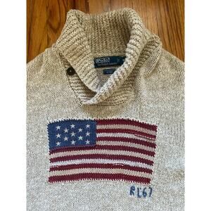 Rare Vintage Knit Polo Ralph Lauren Flag Sweater Silk Blend Cowl Neck M Beige